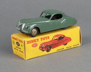 Dinky Toys, a 157 sage green Jaguar XK120  Coupe with fawn hubs and type 2 box with correct colour spot (chip to roof)