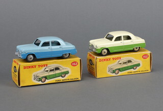 Dinky Toys, a 162 Ford Zephyr Saloon cream upper body lower lime green cream hubs boxed with correct colour spot (chipping to roof), a 162 Ford Zephyr Saloon  upper body light blue lower body dark blue grey hubs box with correct colour spot