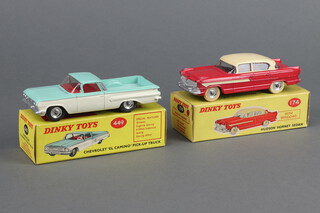 Dinky Toys, a 449 Chevrolet El Camino Pick Up with lower off white body turquoise upper with red interior and spun hubs boxed and a 174 Hudson Hornet Sedan with red body, cream roof and side flash, white tyres spun hubs, light yellow box with correct colours (chip to roof and headlight arch)