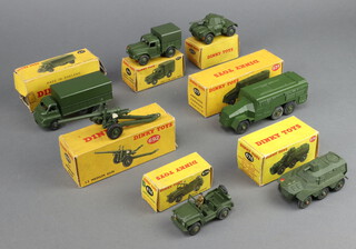 Dinky Toys, a collection of military vehicles and artillery to included 621 3 ton Army wagon, 641 Army 1 ton cargo truck, 670 armoured car, 674 Austin Champ, 676 armoured personnel carrier, 677 armoured command vehicle and 692 5.5 medium gun, all in picture boxes except 670 