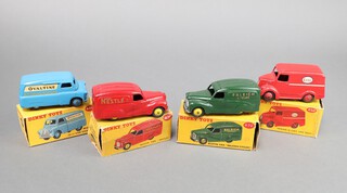 Dinky Toys, a 450 Trojan Van 15 CWT Esso Van in red boxed, a 471 Austin Van, in red with yellow hubs with Nestles decal - boxed (missing flap), a 472 Austin Van Raleigh Cycles boxed  and a 481 Medford 10 CWT Van Ovaltine, boxed