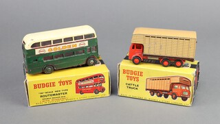 Budgie Toys a  OO scale Routermaster bus green body and cream roof "Esso Golden"? Decal together with a Cattle Truck having red cab and tan truck body, both boxed