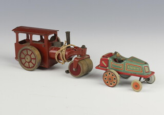 A Triang Minic steam roller, pre-war with wooden wheels, together with a clockwork car stamped PW to underside