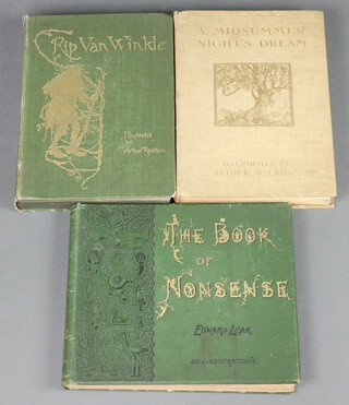 Rackham, Arthur (illustrator), "Rip Van Winkle" 1905 Third Impression green boards and gilt, "A Midsummer's Night's Dream" 1908 1st edition together with Edward Lear "The Book of Nonsense" 31st edition green boards and gilt, all books with dedications