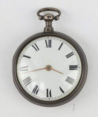 A George III silver pair cased keywind pocket watch, London 1817, the movement inscribed Desbois and Wheeler, London 2824 with fancy engraved cock set with a mine cut diamond approx. 0.10ct 