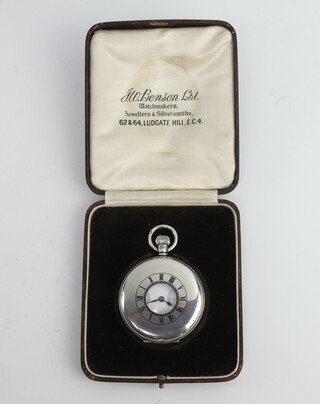 A silver half hunter pocket watch with mechanical movement and seconds at 6 o'clock, the dial inscribed J W Benson London, Birmingham 1930, contained in original fitted case 