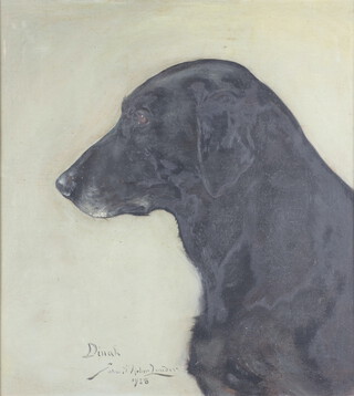 John St Helier Lander (1869-1944) Oil on board, head and shoulders portrait of Dinah (a black labrador)  signed and dated 1918 46cm x 41cm, the reverse of the frame labelled Picture Restorers 241 Kings Road Chelsea  