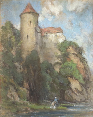  19th Century watercolour, indistinctly signed, Continental scene with castle and figure by a stream 39cm x 32cm, contained in a decorative gilt frame 