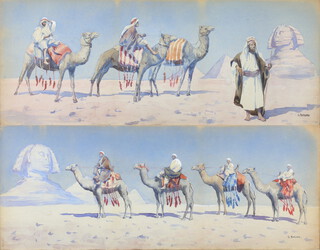 Giovanni Barbaro (1864-1915) watercolours a pair, Egyptian Scenes with pyramids, sphynx and bedouin 28cm x 75cm 