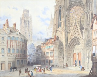 19th Century watercolour, unsigned, Continental street scene with figures before a cathedral 44cm by 55cm