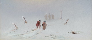 A 19th Century oil on card, unsigned, study of figures walking in snowy landscape 9cm x 21cm 