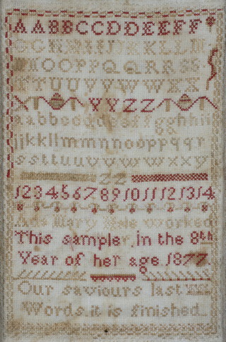 A Victorian stitch work sampler Mary Hale with alphabet, numbers and motto "Our Saviour last words it is finished" 27cm x 18cm 