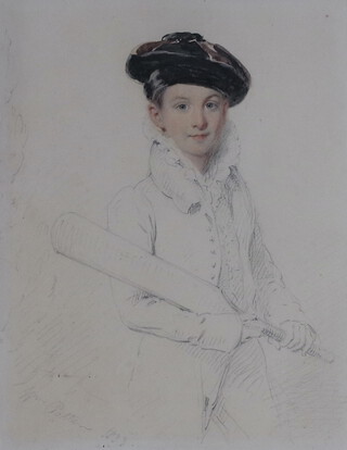 William Patten (act. c1810-1843), portrait of a boy with cricket bat, signed and dated 1833 20cm x 16cm, reverse with Fine Art Society label 