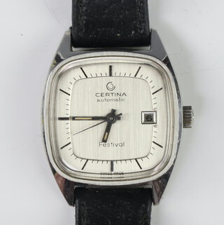 A lady's Certina automatic calendar Festival wristwatch contained in a steel case on a leather strap 