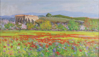 G Bottoni, Continental impressionist oil on board signed, meadow scene with buildings and sea in distance, reverse marked Gianfranco Bottoni, 40cm x 62cm  