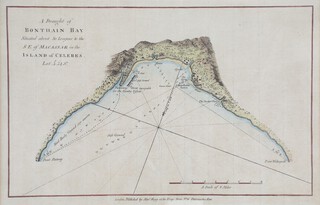 J Hawkesworth, a draft of Bonthain Bay, situated about 30 leagues to the SE of Macassar in The Island of Celebes latitude 5 degrees 34 degrees SO, published by Alex Hogg and Kings Arms, 16 Paternoster Row 22cm x 34cm 