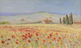 G Bottoni, oil on board, study of a field of poppies with building, reverse marked Toscana B.H, 29cm x 49cm, monogrammed 