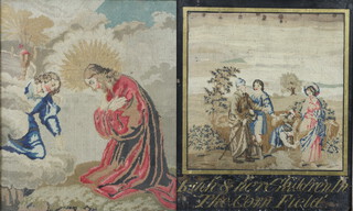 A Victorian Berlin wool work panel of Christ and 1 other figure 32cm x 27cm together with 1 other "Kuch and Her Children in the Cornfield" 23cm x 24cm (glass title mount is cracked)