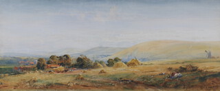 Robert Thorne Waite, (1842-1935), watercolour drawing, "Haymaking at Steyning" 31cm x 74cm signed and dated 1911, reverse with Michael Bryan label 20a Cheyne Walk London   