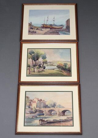 William Moppett, oil painting, beach scene with figure, the reverse labelled Near Old Shoreham, signed, 32cm x 44cm together with 2 others Lil Saint Louis Paris and a country scene, all signed, 33cm x 43cm, in gilt finished frames 