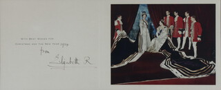 Of Royal interest, a 1954 signed Christmas card "Best Wishes for Christmas and New Year 1954 Elizabeth R" 18cm x 42cm, in a gilt frame