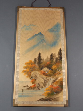 20th Century, mixed media, Chinese mountainous landscape, signed 91cm by 45cm