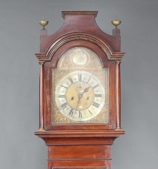 Joseph Green of North Shields, an 18th Century 8 day striking on bell longcase clock, the 30cm arched gilt dial with silvered chapter ring and gilt spandrels marked Joseph Green North Shields, minute indicator and calendar aperture, contained in an inlaid mahogany case 233cm h x 38cm w x 26cm d, complete with pendulum and key 