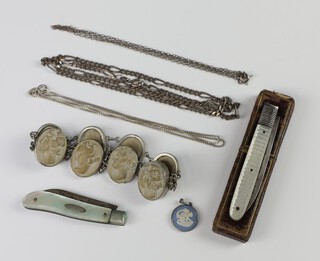 A Victorian carved lava portrait bracelet, 2 fruit knives and 2 silver necklaces 