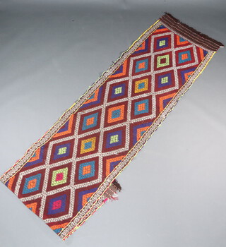 An orange, blue white and red suzni kilim runner with diamond design 328cm x 79cm