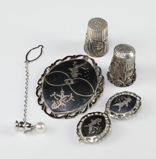 A silver and enamelled Thai brooch, pair of earrings, tie pin, 2 thimbles