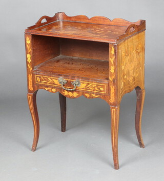 A 19th Century Dutch inlaid parquetry bedside cabinet with 3/4 gallery and recess above drawer, raised on cabriole supports 64cm h x 47cm w x 31cm d 