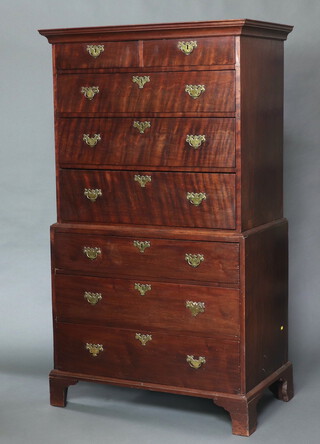 A Georgian mahogany chest on chest with moulded cornice, fitted 2 short and 2 long drawers, above 3 long drawers, raised on bracket feet 180cm h x 104cm w x 57cm d 