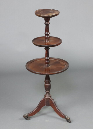 A Georgian style circular 3 tier dumb waiter raised on a pillar and tripod base 92cm h x 36cm diam. to bottom tier 