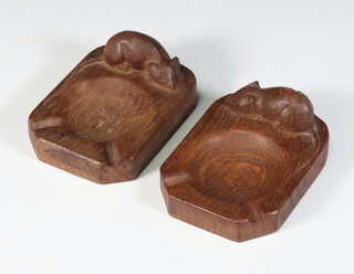 Robert Thompson (Mouseman), 2 carved oak ashtrays decorated with mice 4cm x 10cm x 7cm 