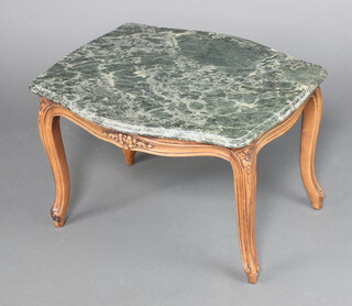 A 1950's Louis style carved walnut occasional table of serpentine outline and blue veined marble top, raised on cabriole supports 39cm h x 62cm w x 63cm d 