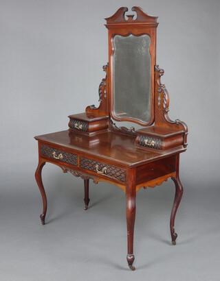 Maple and Co, an Edwardian Chippendale style dressing table with blind fretwork decoration fitted a rectangular plate mirror, the base with 2 glove drawers above 2 long drawers, raised on cabriole supports 174cm h x 106cm w x 57cm d 