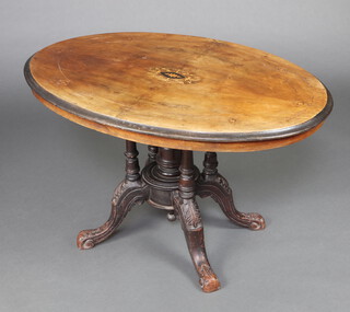 A Victorian circular inlaid walnut Loo table raised on 4 turned columns 62cm h x 104cm w x 76cm d 