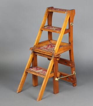 A Victorian mahogany metamorphic library steps, when in the form of a ladderback chair 89cm x 43cm x 35cm when converted to a 4 tread library step 88cm h x 34cm w x 57cm 