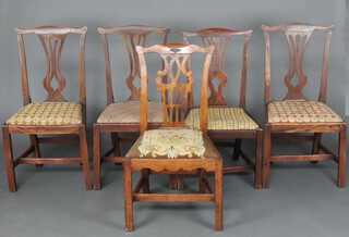 A pair of Georgian elm slat back dining chairs with pierced vase shaped slat backs and upholstered drop in seats, raised on square tapered supports with H framed stretcher 97cm h x 50cm w x 41cm d, a Georgian Hepplewhite style slat back chair with pierced vase shaped slat back and upholstered drop in seat on square tapered supports with H framed stretcher 93cm h x 53cm w x 44cm d (slat is split, front rail is broken) and a similar Chippendale style mahogany slat back dining chair on square supports 95cm h x 53cm w x 40cm d 