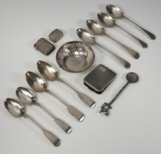 A silver match holder with engine turned decoration Birmingham 1926, a dish, a box, vesta and 9 silver spoons, 248 grams 