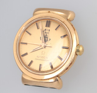 A gentleman's yellow metal Omega Constellation wristwatch, the dial inscribed with a bust of the ruler of Bahrain Sheik Issa, contained in a 35mm case with original winder the movement 505 15769283. The case 229313 2930 SC