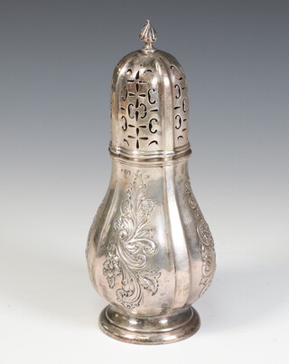 A Victorian repousse silver sugar shaker with vacant cartouches and leaves, Birmingham 1894, maker Henry Matthews, 255 grams, 21cm 