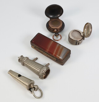 An Edwardian silver coin holder Birmingham 1909, a gun metal sovereign case and 2 other items 