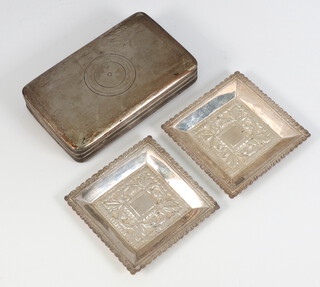 A pair of Continental white metal square dishes 61 grams, 8cm, together with a silver plated tobacco box 12cm 