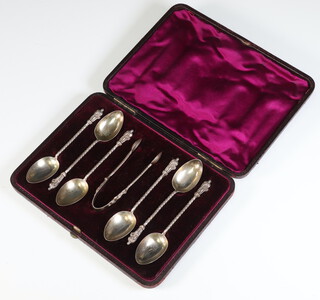 A set of 6 Victorian silver apostle spoons and tongs, London 1885, 65 grams