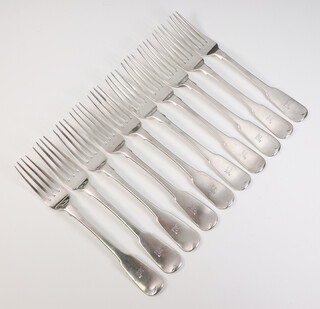 Ten George IV Old English pattern table forks with engraved armorial Edinburgh 1827, 654 grams 