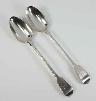 A pair of William IV Old English silver basting spoons with engraved armorial, London 1834, 199 grams