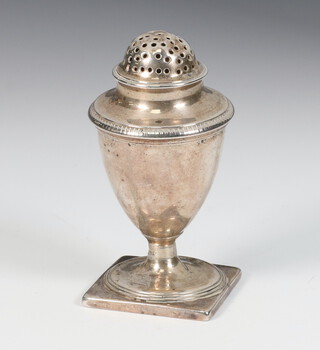 A Georgian silver urn shaped pepper on square base, rubbed hallmarks, probably London 1805, 111 grams, 9cm 