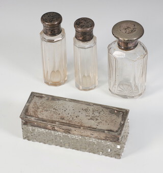 An Edwardian silver mounted glass toilet box Birmingham 1905, 3 ditto bottles 