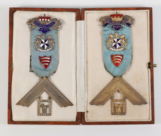 Two Masonic silver gilt and enamelled Past Masters breast jewels Hillingdon Lodge no.3174, 1 cased, 
